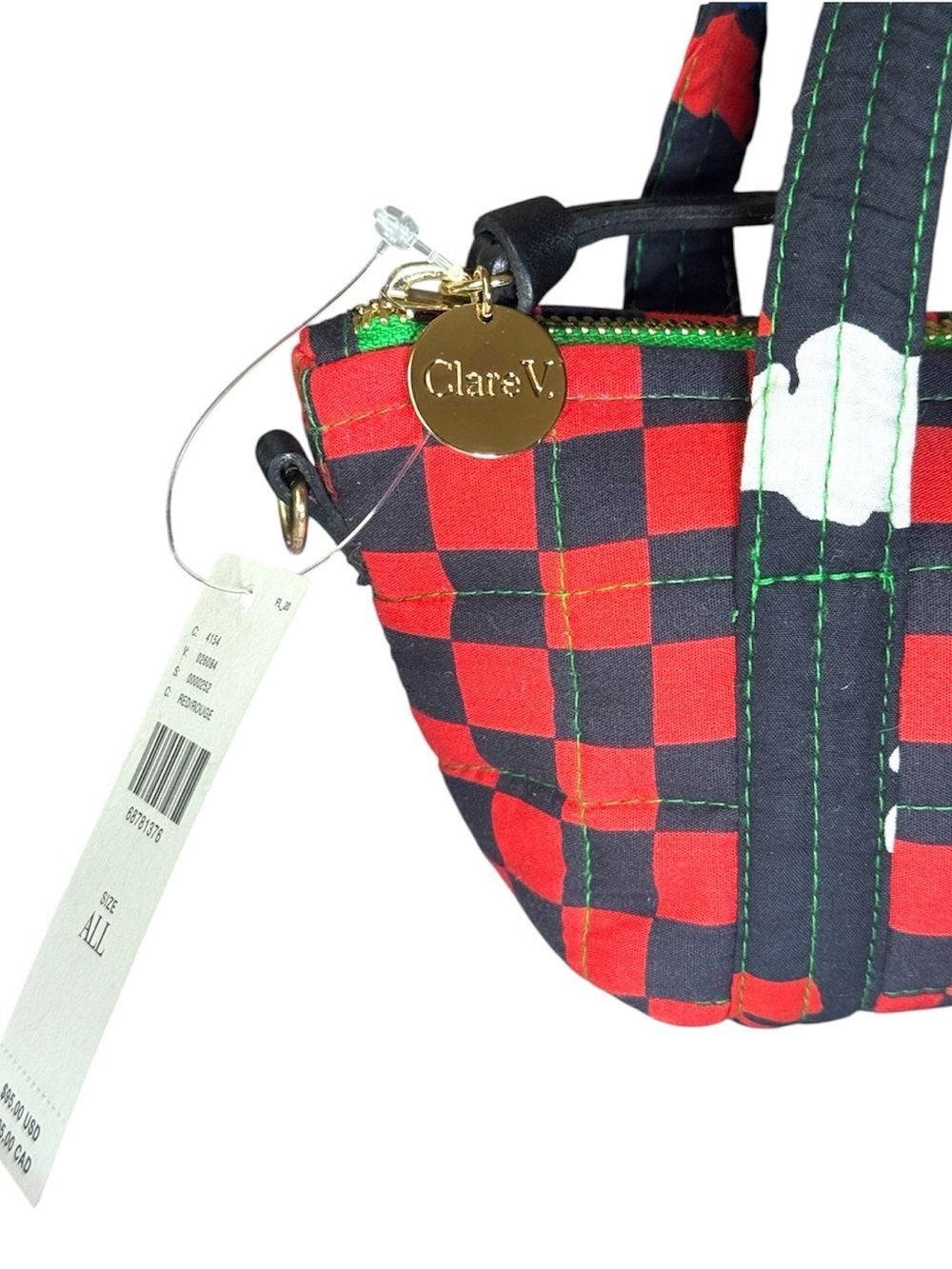 NWT Clare V. Lil Zip Sac Tote Quilted Red Black Checkered Mini Bag Puffer - Picture 6 of 9